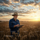 Senior Farmer Using Tablet in Wheat Field at Sunset
