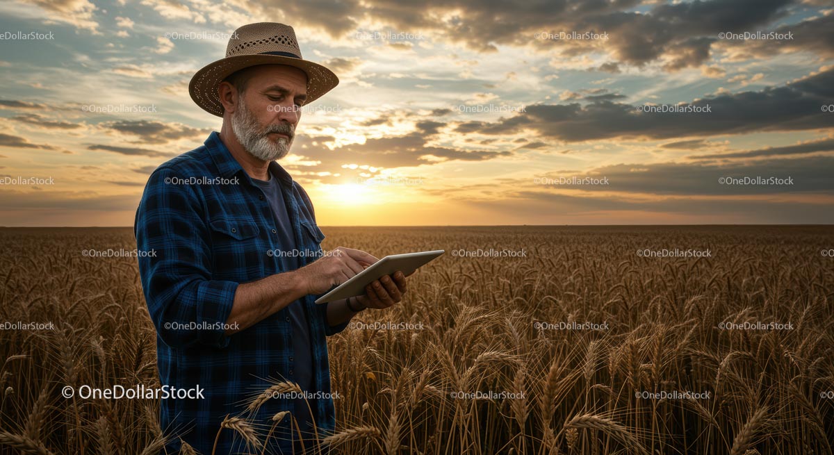 Farmer Using Tablet in Wheat Field at Sunset