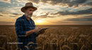 Farmer Using Tablet in Wheat Field at Sunset
