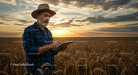 Farmer Using Tablet in Wheat Field at Sunset