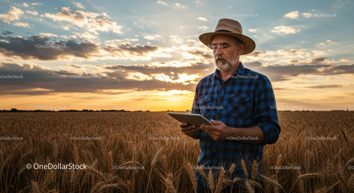 Farmer Using Tablet in Golden Wheat Field at Sunset