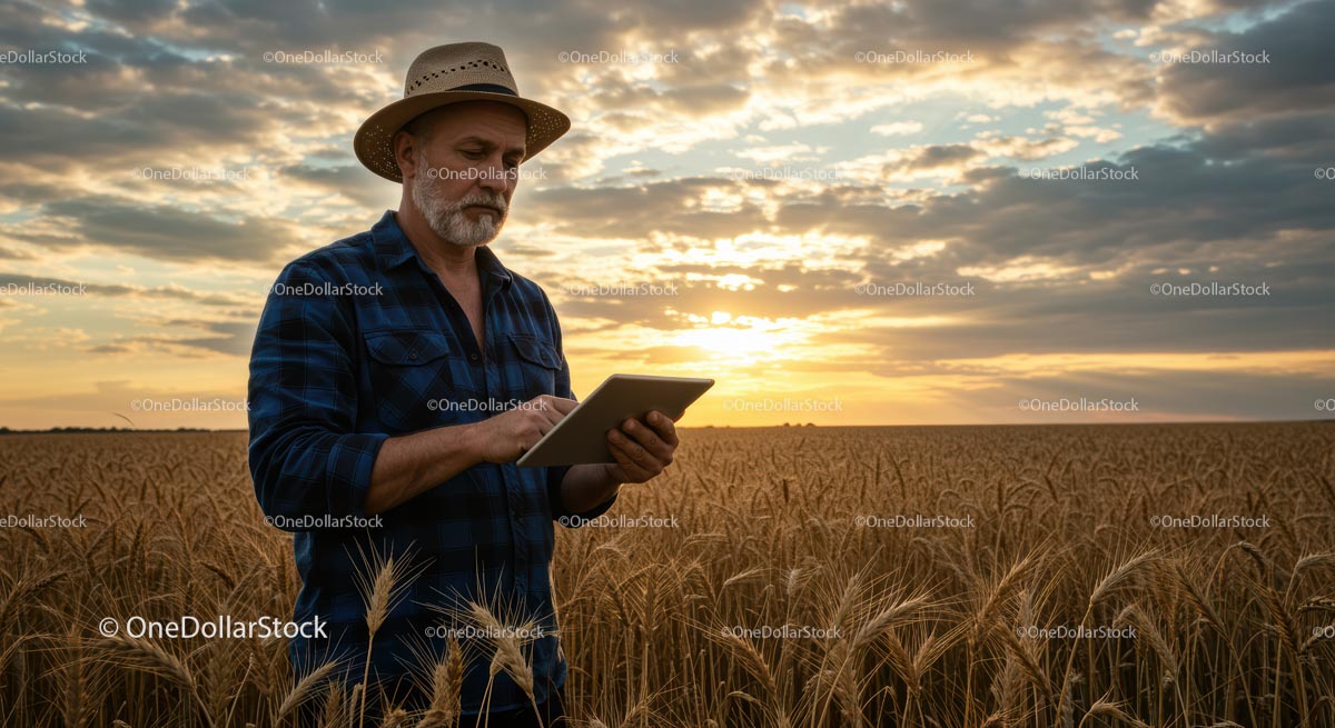 Senior Farmer Using Tablet in Golden Wheat Field at Sunset