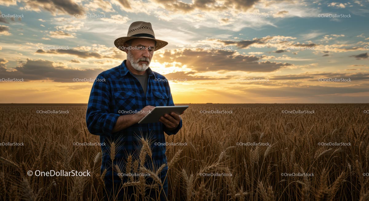Farmer in Wheat Field at Sunset Using Digital Tablet