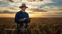 Farmer in Wheat Field at Sunset Using Digital Tablet