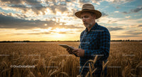Farmer Using Tablet in Wheat Field at Sunset