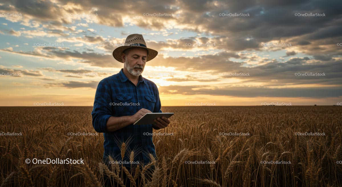 Farmer Using Tablet in Wheat Field at Sunset