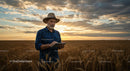 Farmer Using Tablet in Wheat Field at Sunset