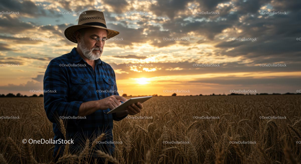 Elderly Farmer Using Tablet in Wheat Field at Sunset
