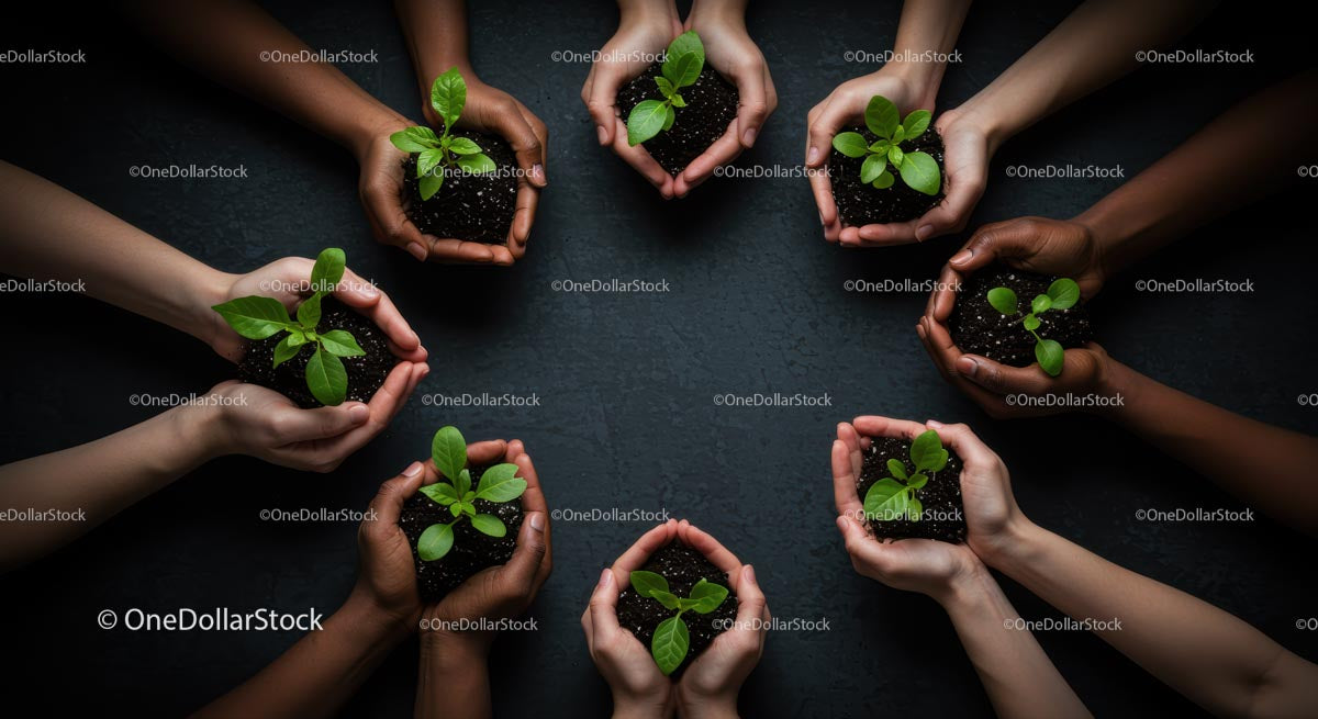 Diverse Hands Nurturing Green Seedlings Together