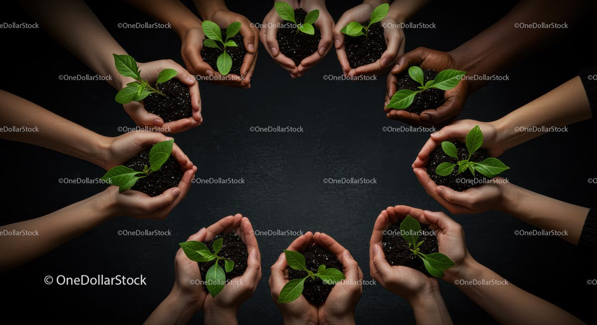 Diverse Hands Nurturing Green Seedlings Together