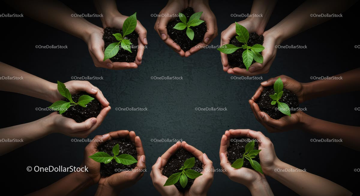 Diverse Hands Nurturing Green Seedlings Together
