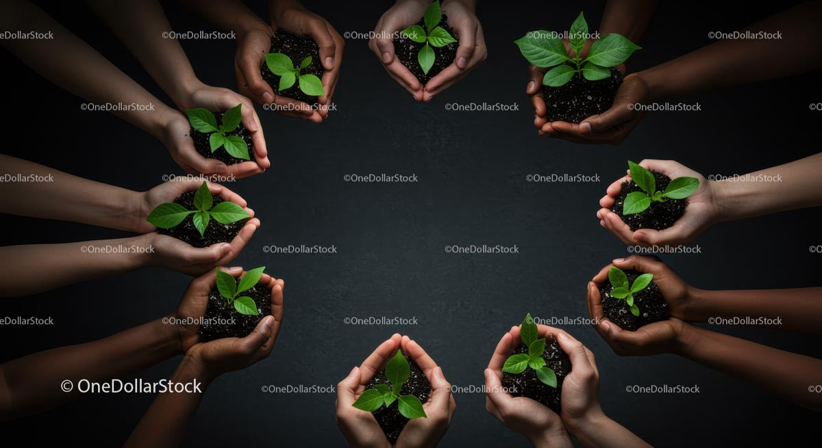Diverse Hands Supporting Green Plant Growth