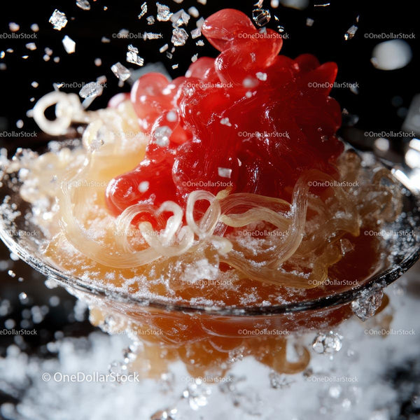 Artistic Frozen Dessert with Red Gelatin and Noodles