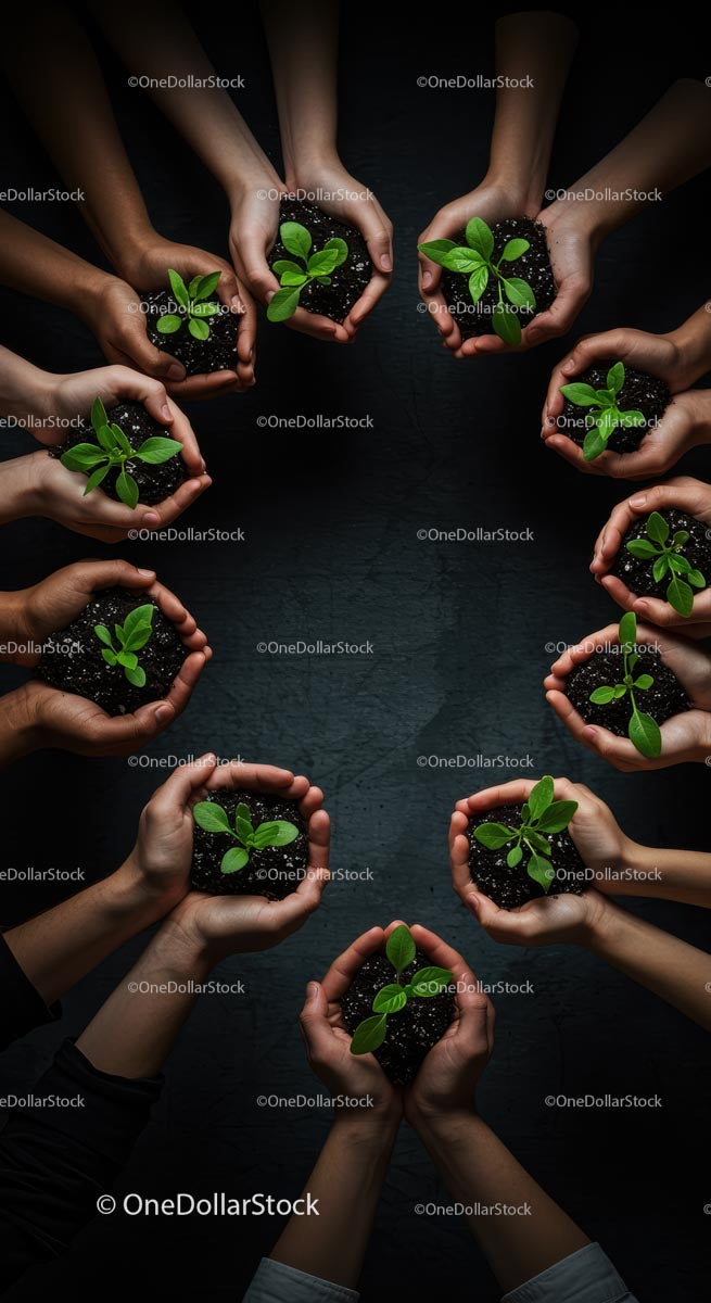 Hands Holding Green Seedlings in a Circle of Unity