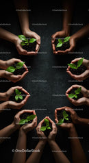 Hands Holding Young Green Plants in Dark Soil Circle