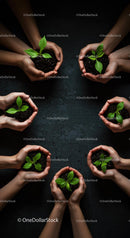 Group Hands Nurturing Green Seedlings in Soil