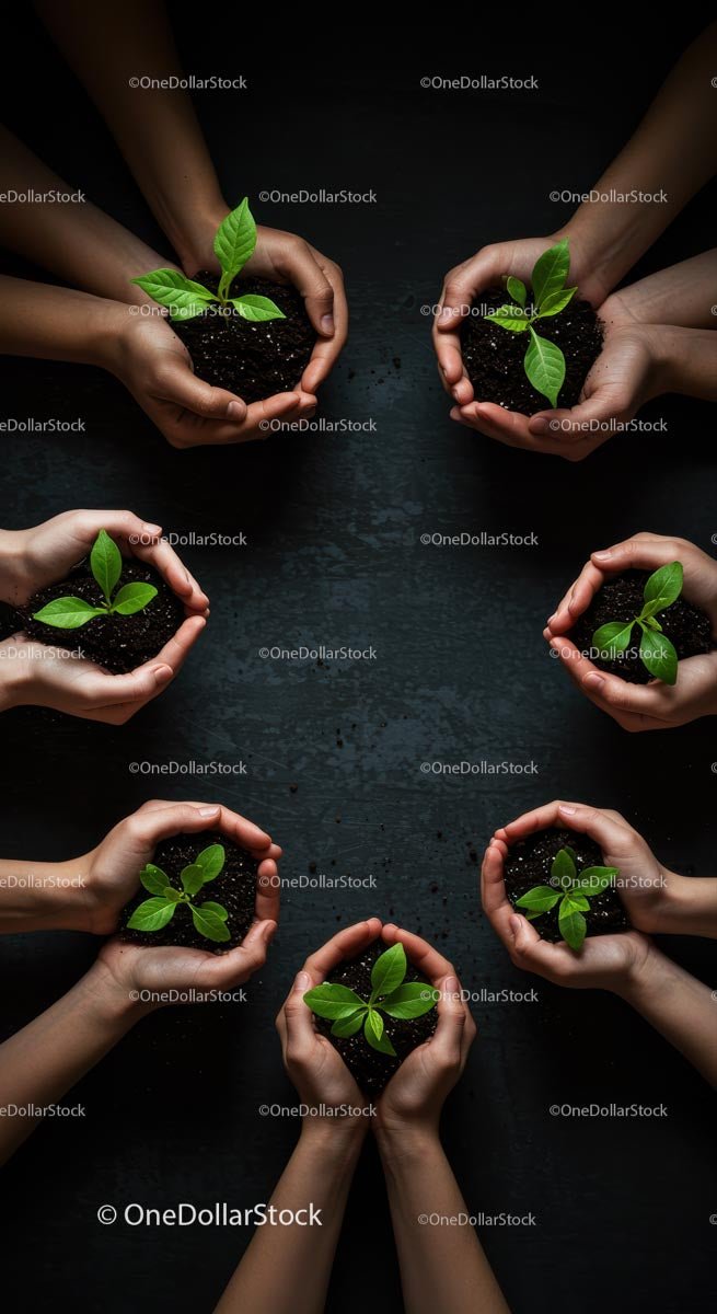 Group Hands Nurturing Green Seedlings in Soil