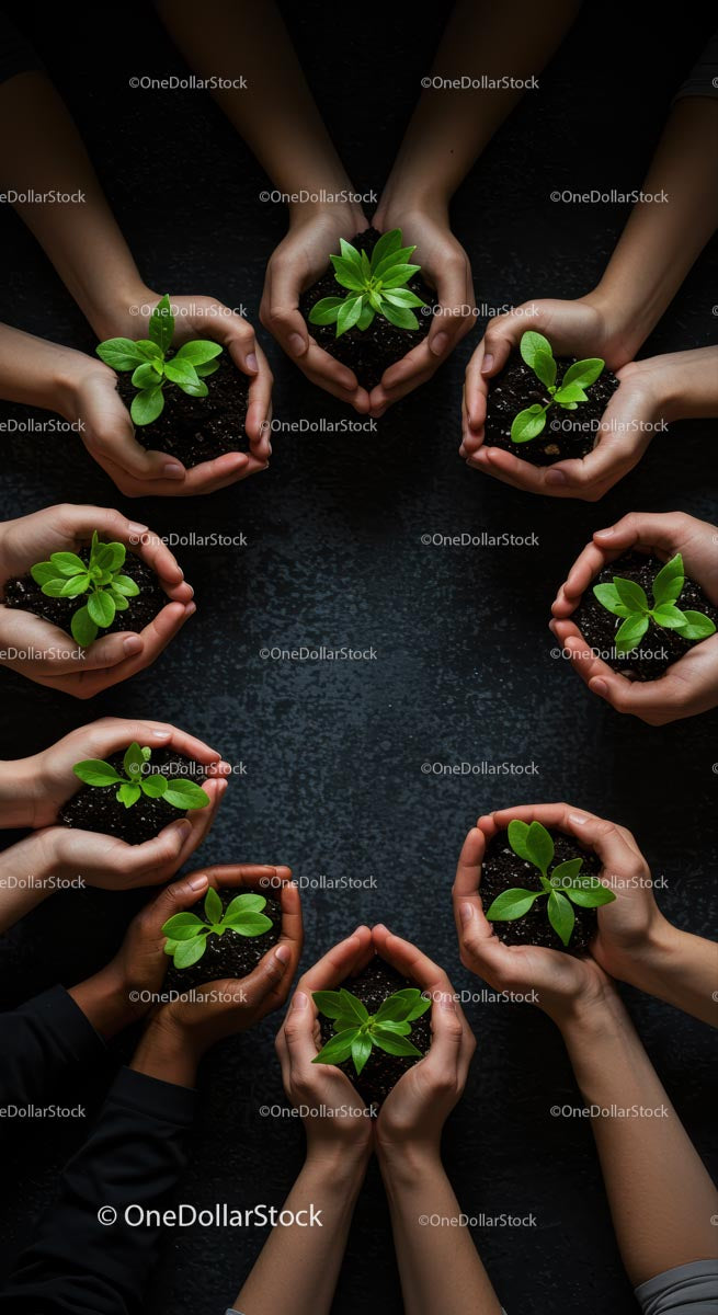 Circle of Hands Nurturing Green Seedlings