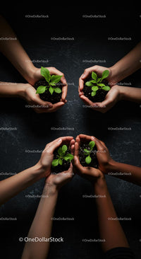 Hands Holding Young Green Plants in a Circle