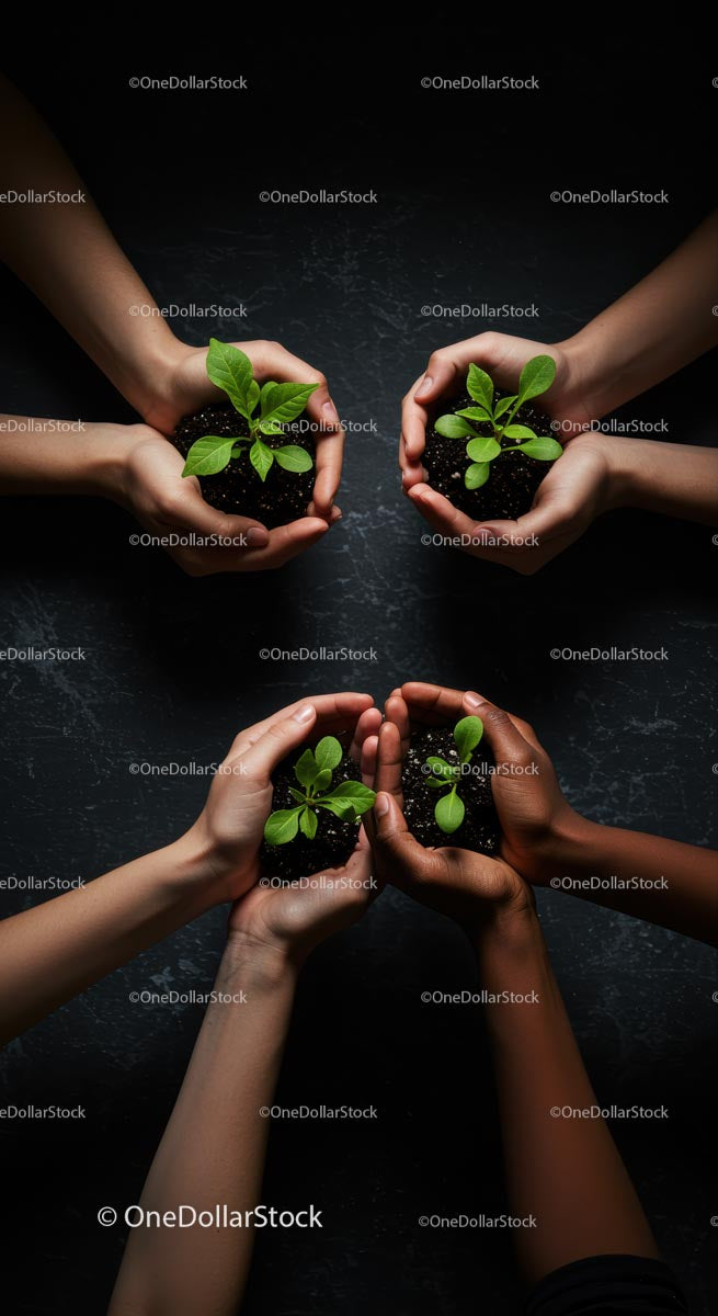Hands Holding Young Green Plants in a Circle