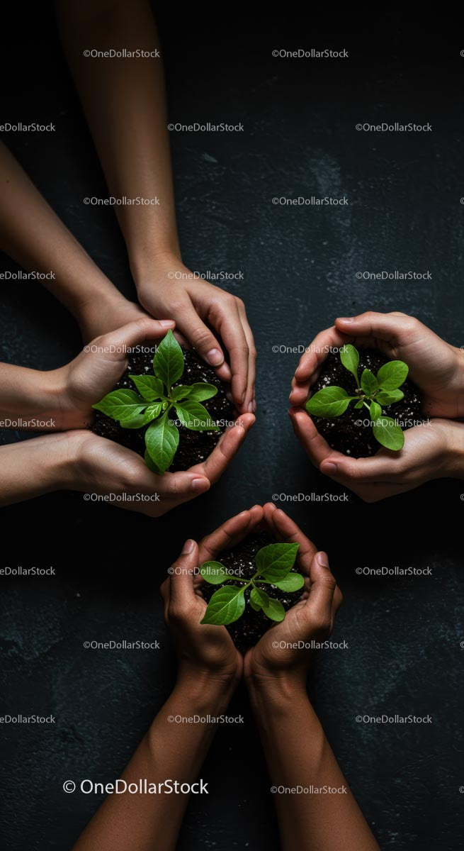 Diverse Hands Nurturing Green Plants in Unity