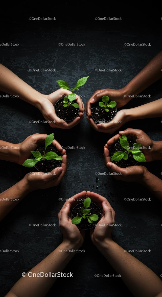 Hands Nurturing Small Green Plants in Unity