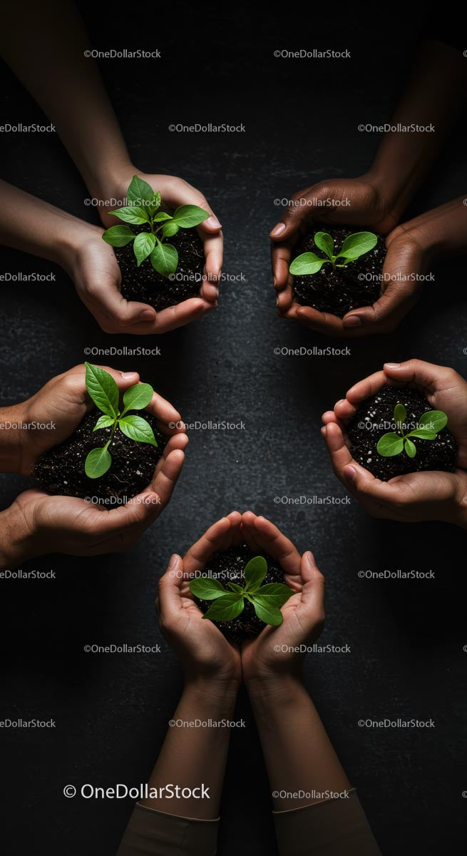 Diverse Hands Nurturing Green Seedlings Together