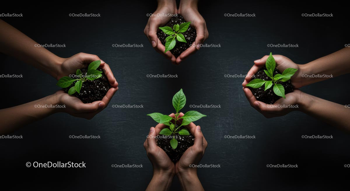 Hands Nurturing Young Plants with Fresh Green Leaves