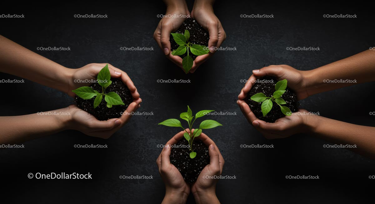 Hands Nurturing New Green Seedlings in Dark Soil