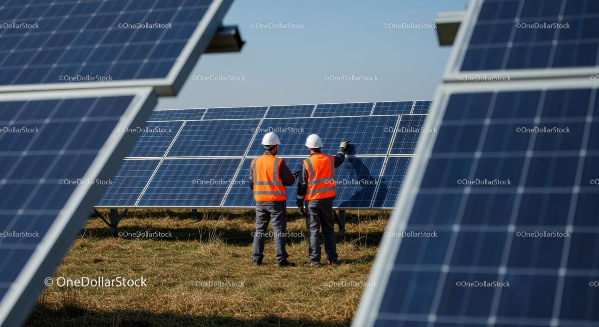 Engineers Inspecting Solar Panels on a Sunny Day