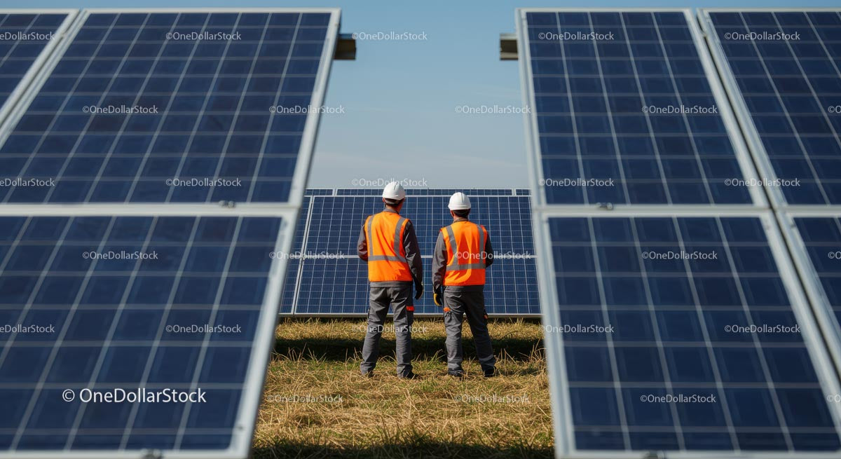 Engineers Inspecting Solar Panels on a Sunny Day
