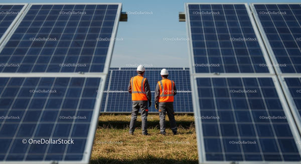 Engineers Inspecting Solar Panels on a Sunny Day