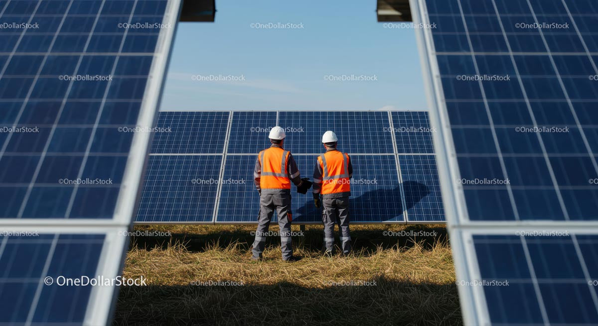 Engineers Inspecting Solar Panels at a Renewable Energy Farm