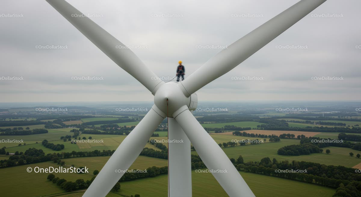 Technician Performing Maintenance on Wind Turbine Over Fields