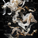 Elegant Swirling Ribbons in White and Gold on Black Background