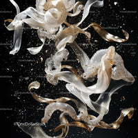 Elegant Swirling Ribbons in White and Gold on Black Background