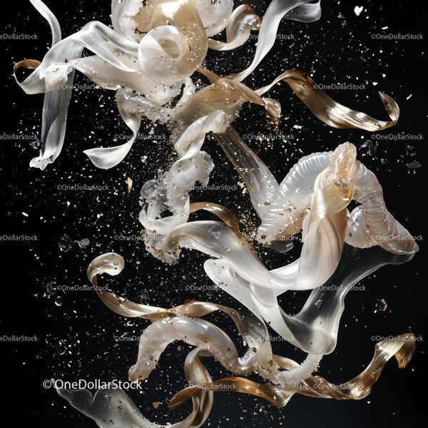 Elegant Swirling Ribbons in White and Gold on Black Background