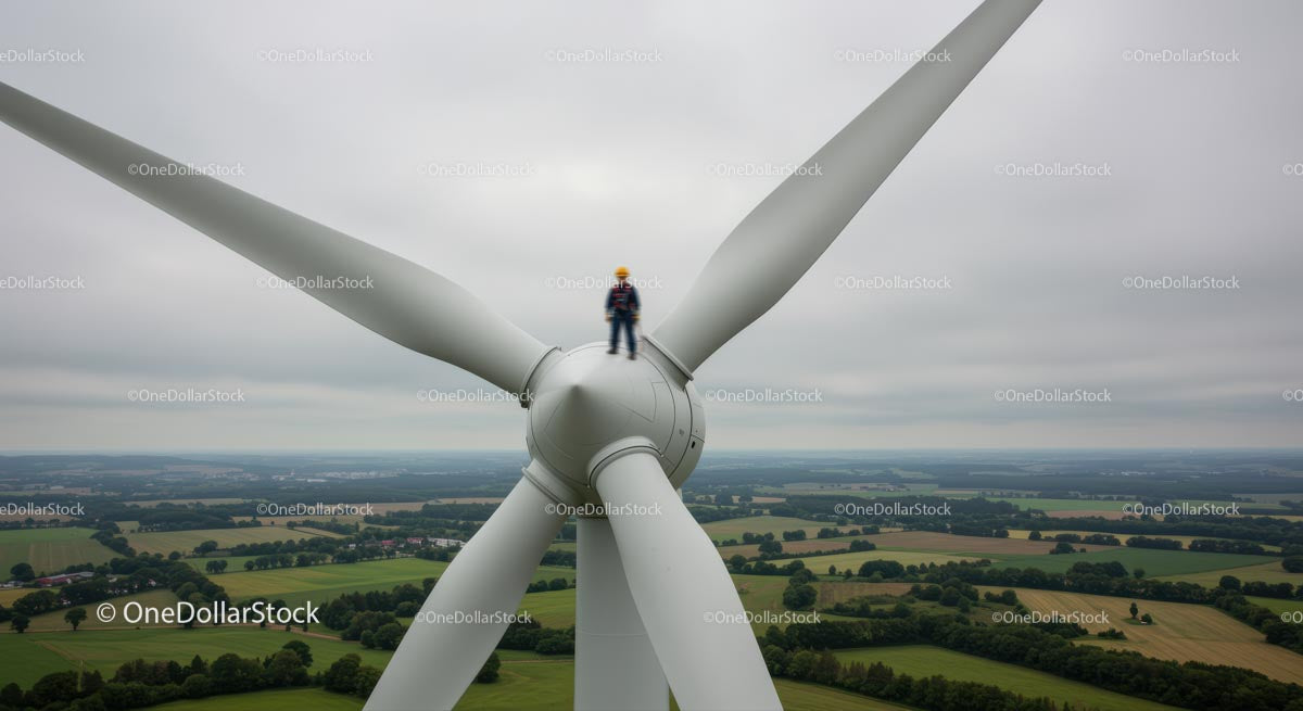 Engineer Inspecting Wind Turbine in Scenic Countryside