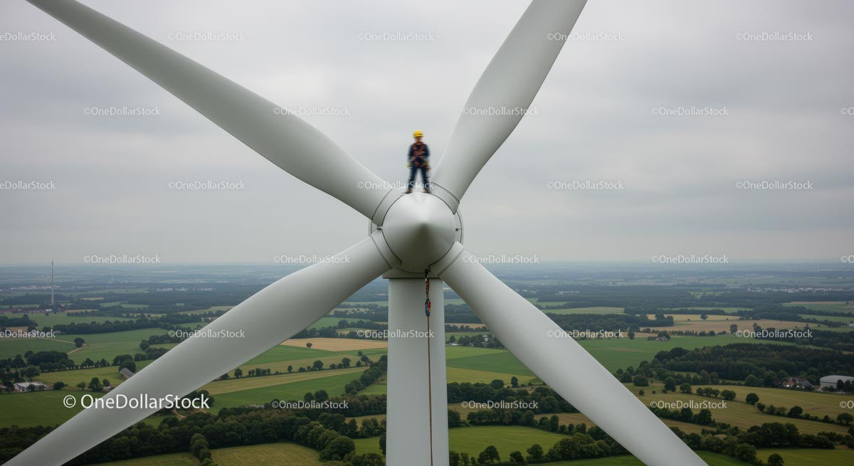 Engineer on Top of Wind Turbine Overlooking Green Fields