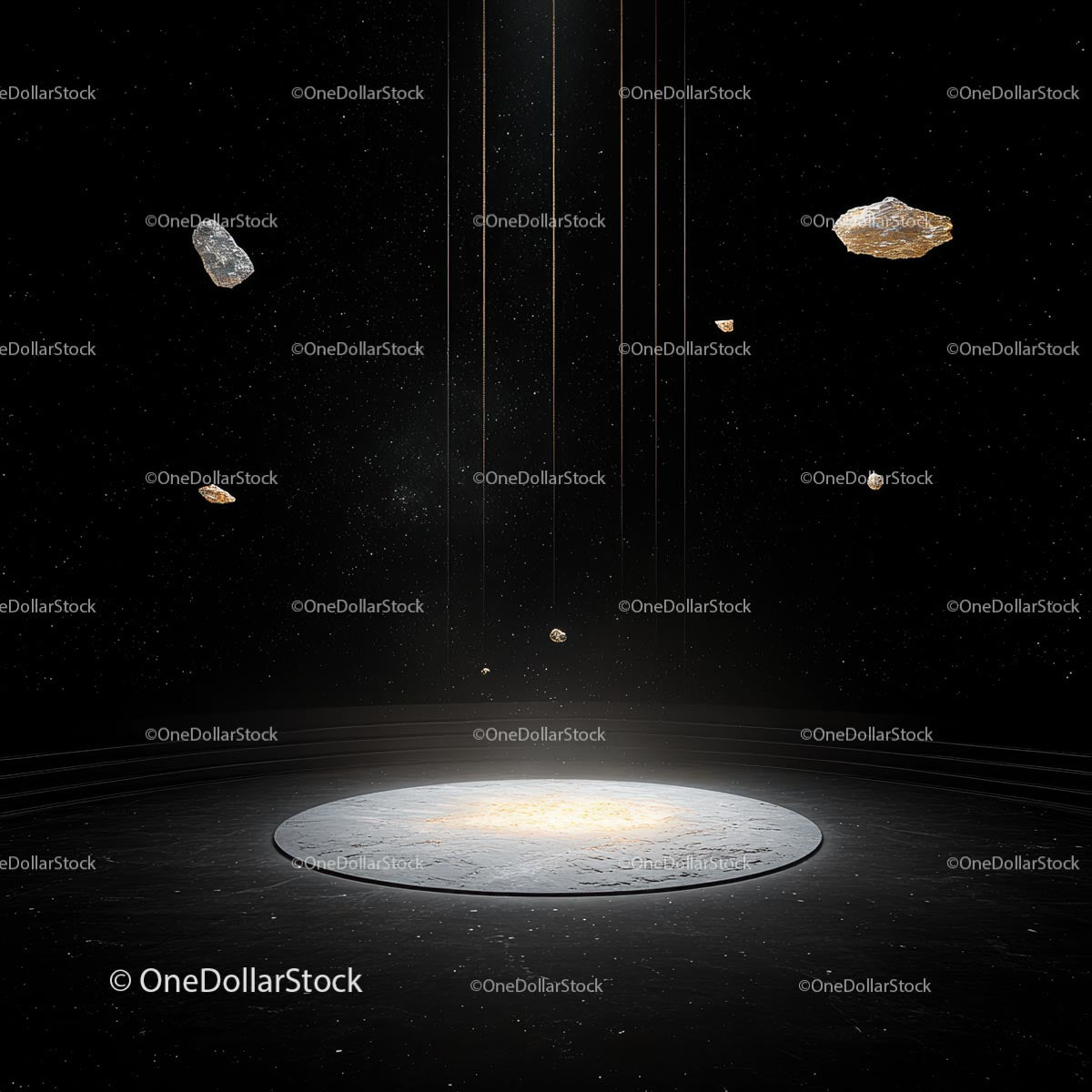 Pole asteroid z błyszczącą platformą w kosmosie