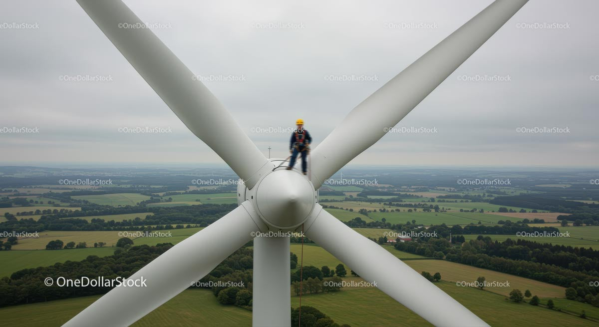 Maintenance Worker on Wind Turbine Overlooking Green Fields