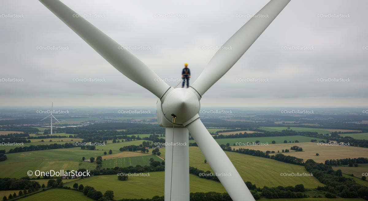 Engineer Maintaining Wind Turbine on Rural Wind Farm
