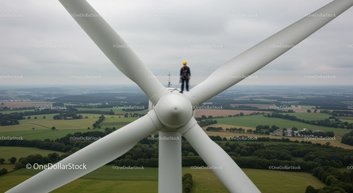 Engineer Inspecting Wind Turbine Above Green Fields