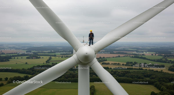 Engineer Inspecting Wind Turbine Above Green Fields