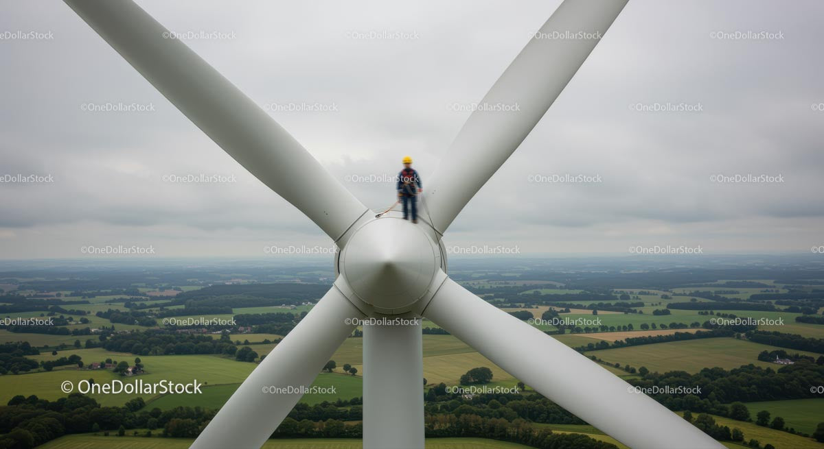 Technician Maintaining Wind Turbine on a Vast Wind Farm