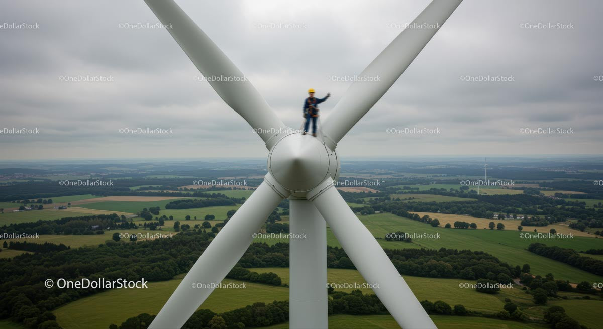 Technik lotniczy pracujący przy turbinie wiatrowej pośród zielonego krajobrazu
