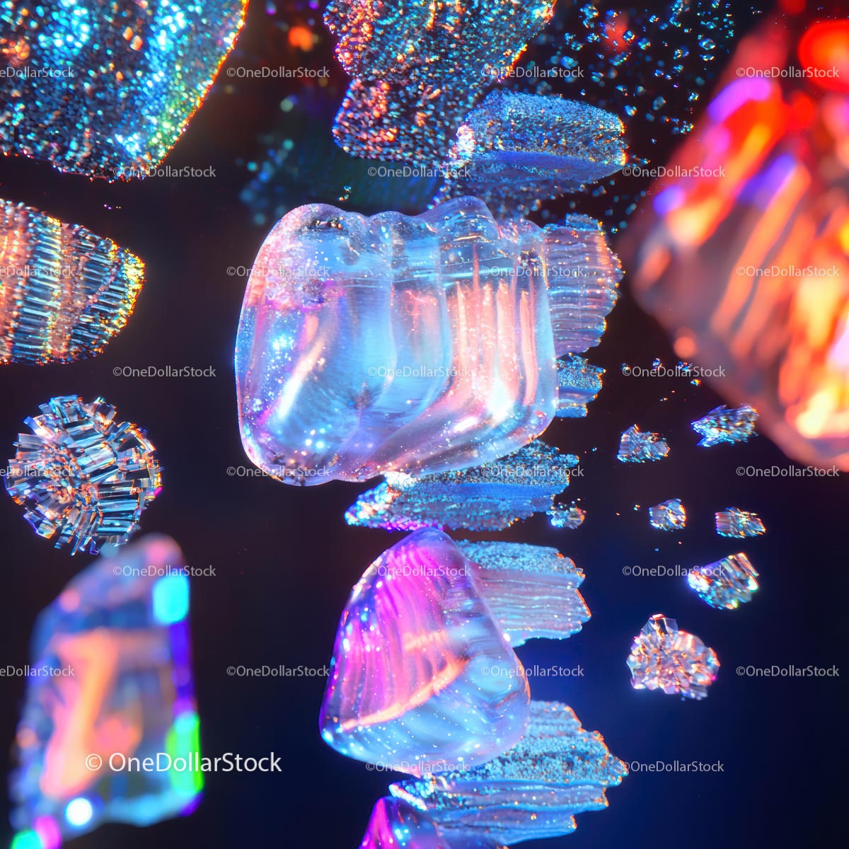 Żywe abstrakcyjne struktury kryształów z neonowymi refleksami