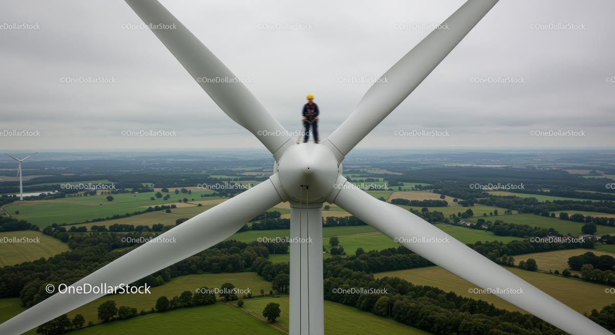 Engineer Maintaining Wind Turbine at High Altitude