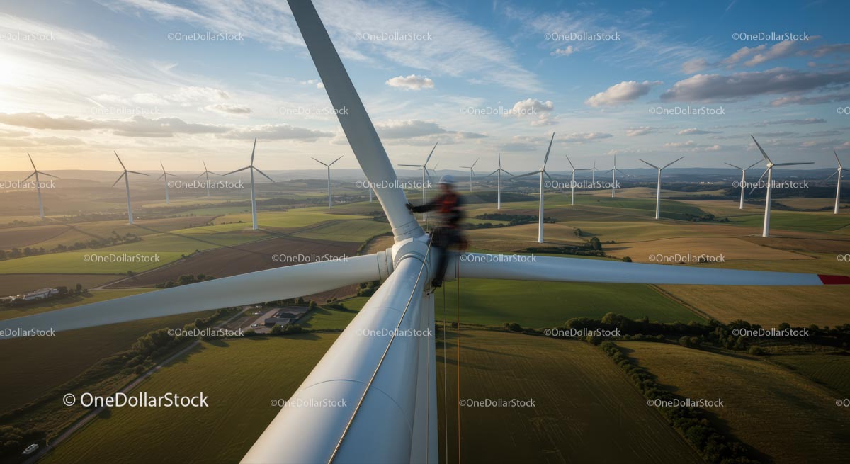 Technician at Work on Wind Turbine with Scenic Sunset