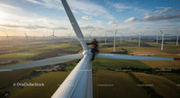 Technician at Work on Wind Turbine with Scenic Sunset